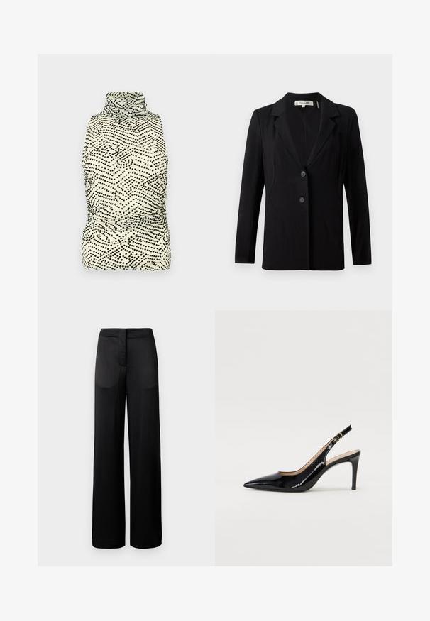 Czarna marynarka z klapami, dwoma przednimi guzikami i dopasowanymi szwami. Wykonana z gładkiego materiału, z długimi rękawami i strukturalnym krojem.; Dopasowana, bezrękawnikowa bluzka z wysokim dekoltem, w kolorze kremowym z czarnym wzorem w faliste kropki; wykonana z gładkiego, elastycznego materiału.; Szerokie czarne spodnie z teksturowanej tkaniny, z płaskim pasem i dwoma kieszeniami po bokach. Materiał wydaje się lekki i zwiewny.; Czarne lakierowane szpilki typu slingback z szpiczastym noskiem, smukłym obcasem i subtelnym wycięciem. Posiadają złotą klamrę na pasku.
