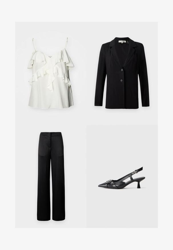 Schwarze Blazer mit Reverskragen, zwei vorderen Knöpfen und tailierten Nähten. Aus glattem Stoff mit langen Ärmeln und einer strukturierten Passform gefertigt.; Weißes ärmelloses Oberteil aus leichtem Stoff, mit geschichteten Rüschen an der Vorderseite und verstellbaren Trägern für Komfort und Passform.; Schwarze weit geschnittene Hose mit strukturierter Oberfläche, ausgestattet mit einem flachen Bund und zwei Seitentaschen. Der Stoff wirkt leicht und fließend.; Schwarzer Leder-Slingback-Schuh mit spitz zulaufender Zehenpartie, dekorativen Riemen mit METALLÖSEN und niedrigem Blockabsatz. Strukturelle Oberfläche.