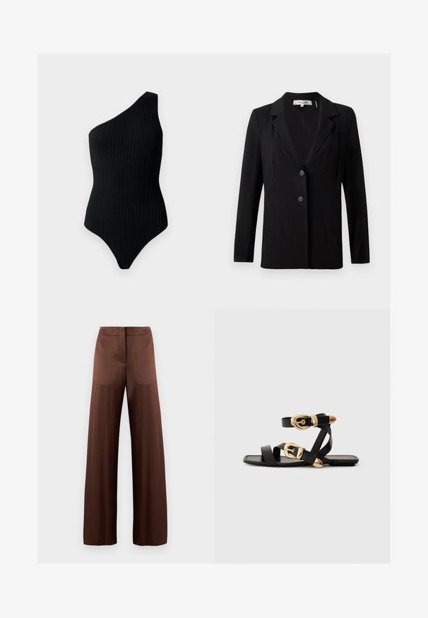 Sort blazer med slagkrave, to forreste knapper og skræddersyede sømme. Lavet af glat stof med lange ærmer og en struktureret pasform.; Sort, one-shoulder bodysuit med ribbelsstruktur. Har en tætsiddende pasform og et sømløst design, der fremhæver et minimalistisk look.; Brune brede bukser lavet af glat, let stof, med en flad front, ingen lommer og en lige silhuet.; Sorte lædersandaler med guldspænde detaljer, der har flere stropper og et fladt såldesign til åbne tåer.