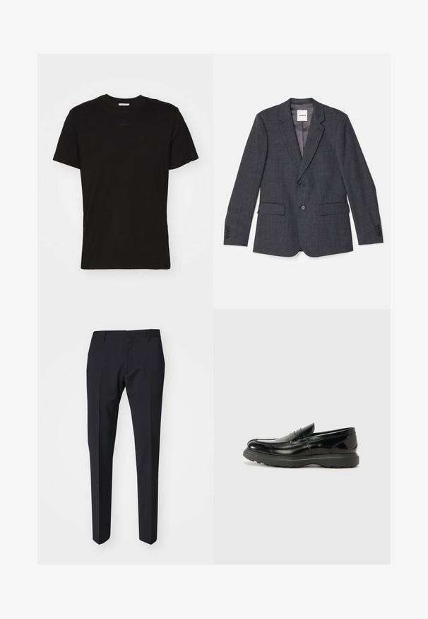 Pelēks pielāgots žakets, kas izgatavots no austas auduma, ar vienu pogu aizdari, divām frontālām kabatām un izgrieztu apkakli.; Melnas kokvilnas t-krekls ar klasisku apaļu kakla dizainu, īsām piedurknēm un izteiksmīgu zīmolu uz priekšpuses. Gluda tekstūra, bez rakstiem.; Tumši zili bikses ar šauru piegriezumu. Izgatavotas no gludas, teksturētas auduma, ar taisnu priekšpusi, jostas cilpiņām un sānu kabatām.; Melnas ādas loafers ar spīdīgu apdari, noapaļota pirksta forma, smalkas šuvju detaļas un bieza gumijas zole ilgstošai lietošanai.