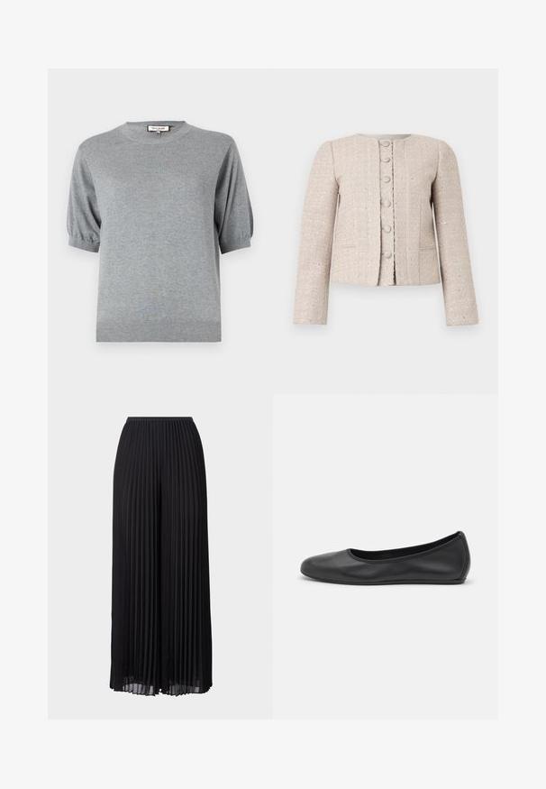 Blazer en tweed beige à col rond, fermeture à boutons sur le devant et manches longues. Présente un motif texturé et un subtil éclat.; Pull court gris en tricot à manches courtes, avec un col rond et des détails de poignet élastiques. Ourlet côtelé pour finir le design. Matériau doux et léger.; Pantalons larges à plis noirs avec une taille élastique. Fabriqués en tissu léger, avec des plis verticaux sur toute la surface.; Ballerines en cuir noir avec un bout rond, texture lisse, détails de couture minimalistes et design de semelle flexible.