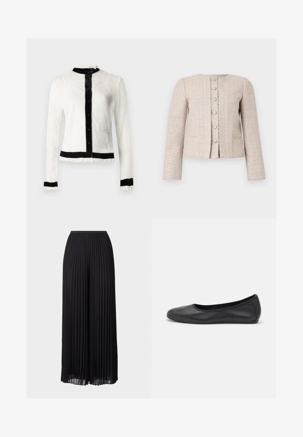 Beige tweedblazer med rund halsringning, knäppning fram och långa ärmar. Har ett texturerat mönster och en subtil lyster.; Vit spetsblus med långa ärmar, svart sammetkrage och knäppning; har ryschade kanter och ett fast svart midjeband.; Svarta plisserade vida byxor med elastisk midja. Tillverkade av lättviktig tyg, med vertikala veck över hela byxorna.; Svart läderballerinaskor med rund tå, slät yta, minimala söm detaljer och en flexibel sula.