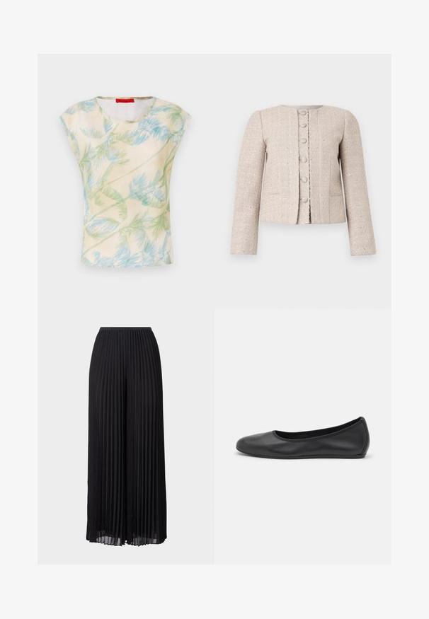 Blazer in tweed beige con scollatura rotonda, chiusura frontale con bottoni e maniche lunghe. Presenta un motivo testurizzato e una leggera lucentezza.; Top a maniche corte in tessuto leggero con uno sfondo crema che presenta un motivo di foglie di palma verdi e blu. Collo rotondo, vestibilità comoda.; Pantaloni larghi a pieghe neri con vita elastica. Realizzati in tessuto leggero, con pieghe verticali su tutta la superficie.; Pantofole da balletto nere in pelle con punta arrotondata, texture liscia, dettagli di cucitura minimi e design con suola flessibile.