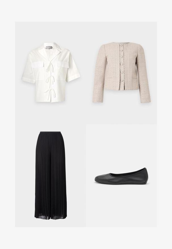 Blazer in tweed beige con scollatura rotonda, chiusura frontale con bottoni e maniche lunghe. Presenta un motivo testurizzato e una leggera lucentezza.; Camicetta bianca a maniche corte con colletto, dotata di due tasche frontali e chiusura a cravatta al centro. Tessuto texturizzato con un motivo sottile.; Pantaloni larghi a pieghe neri con vita elastica. Realizzati in tessuto leggero, con pieghe verticali su tutta la superficie.; Pantofole da balletto nere in pelle con punta arrotondata, texture liscia, dettagli di cucitura minimi e design con suola flessibile.