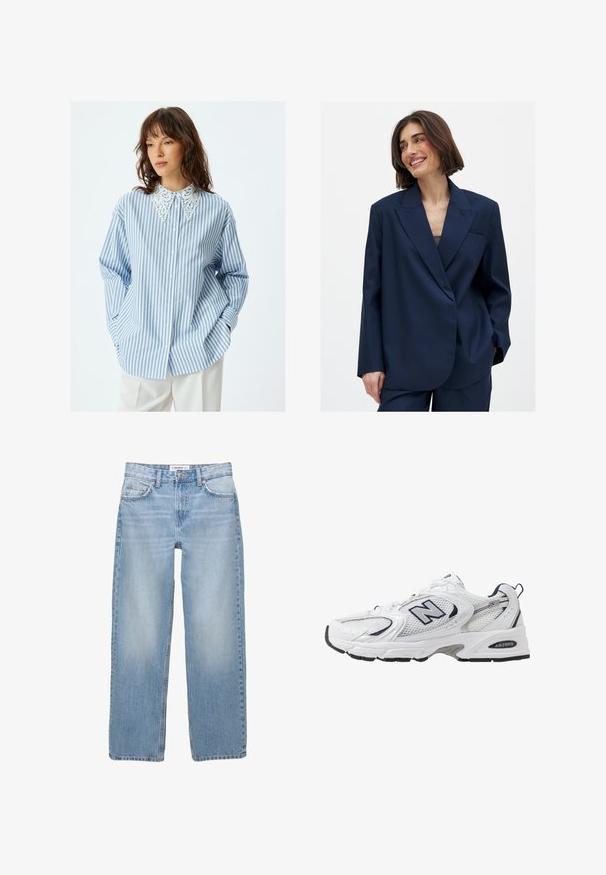 Marineblauer Blazer aus glattem Stoff mit Reverskragen, einer einzelnen Vordertasche und leicht übergrößtem Schnitt. Geeignet für verschiedene Anlässe.; Himmelblaues und weiß gestreiftes Hemd mit Knopfleiste und dekorativem weißen Spitzenkragen. Verfügt über lange Ärmel und eine lässige Passform.; Helle blaue Jeans aus Denim mit geradem Bein, Fünf-Taschen-Stil und sichtbaren Nähdetails. Der Stoff hat eine weiche, leicht ausgewaschene Textur.; Weißer Sportschuh mit Mesh-Obermaterial, navyblauen Akzenten und gepolsterter Sohle. Verfügt über das "N"-Logo, Schnürsenkel und eine strukturierte Detailverarbeitung an der Seite.