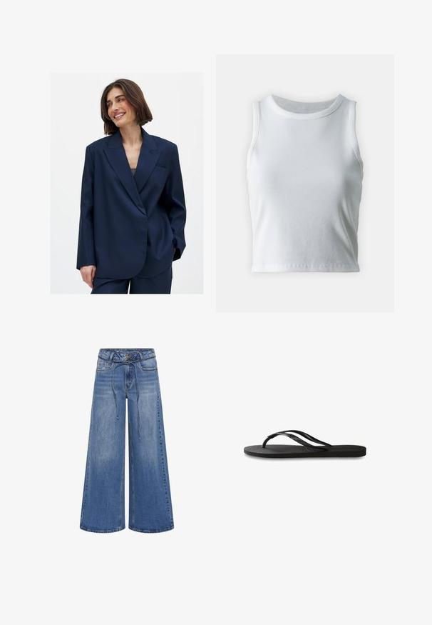 Tamsiai mėlynas švarkas iš lygaus audinio su notch tipo apykakle, vienu priekinio kišenės akcentu ir šiek tiek per dideliu sijonu. Tinka įvairioms progoms.; Balta raukšlėta liemenėlė be rankovių, su apvaliu iškirpimu, tiesiu apvadu ir lygiu, elastingu audiniu.; My Essential Wardrobe MID WIDE - Platėjantys džinsai - medium blue wash; Juodos šlepetės su tekstūruotu guminio pado, dviem siauromis dirželių ir subtiliu, įspaustu logotipo detalė ant dirželio.