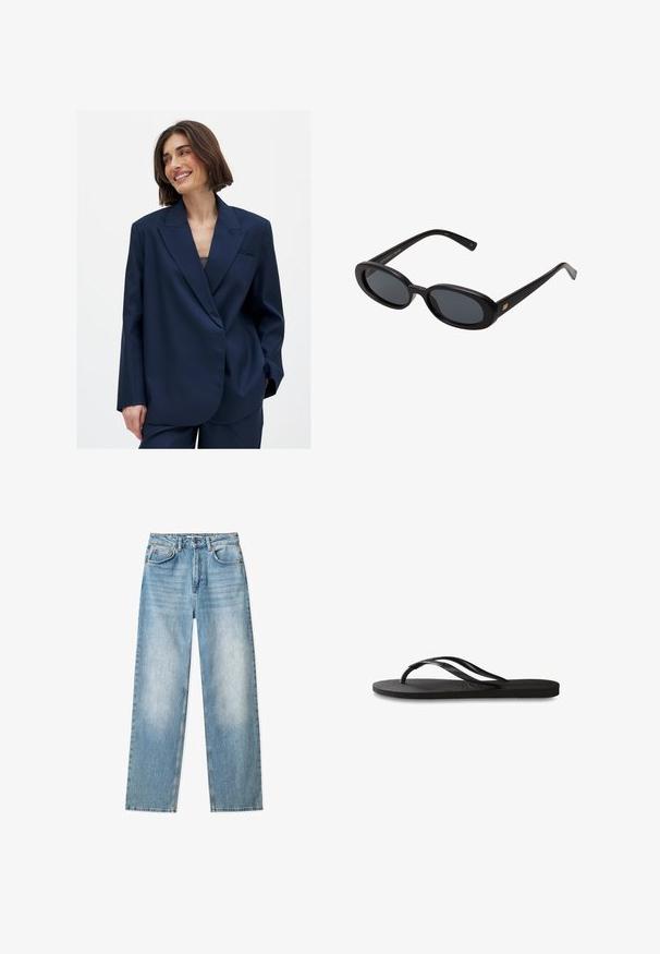 Tummansininen bleiseri sileästä kankaasta, jossa on poikittaisläppä, yksi etupocket-yksityiskohta ja hieman ylisuuri malli. Sopii erilaisiin tilaisuuksiin.; Valkoinen lyhythihainen t-paita, joka on valmistettu sileästä kankaasta, ja jossa on pyöreä pääntie sekä hillityt ompelutiedot helmassa.; Vaaleansiniset farkut, joissa on suora lahkeiden muotoilu, korkea vyötärö, viisi taskua ja hillityt haalistumiset. Klassinen metallinappi ja vetoketjukiinnitys.; Mustat flip-flopit, joissa on röpelöinen kumipohja, kaksi hoikkaa remmiä ja hillitty, kohokuvioitu logotyyli remmissä.; Mustat ylisuuruiset aurinkolasit, jotka ovat soikeat linssit, sileä muovikehys ja kultaiset korostukset temppeleissä. Tummat linssit tarjoavat suojaa auringolta.