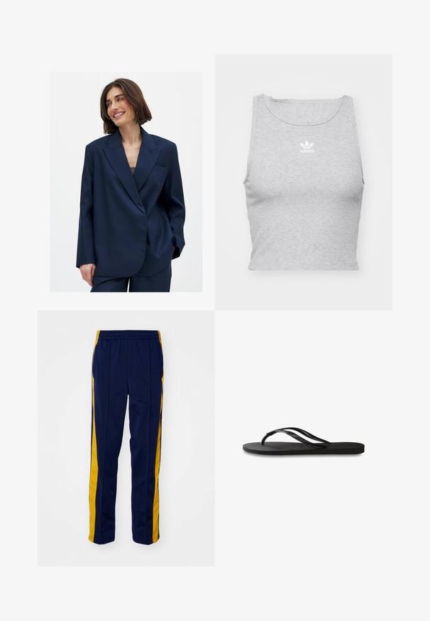 Jūras zilas krāsas žakete gludā audumā ar izgrieztu apkakli, vienu priekšējo kabatu un nedaudz pārmērīgu piegriezumu. Piemērota dažādām izvēles iespējām.; Pelēks bezpiedurkņu topiņš, kas izgatavots no mīkstas auduma, ar apaļu kakla izgriezumu un mazu baltu Adidas logo uz krūšu daļas.; Jūras zilas sporta bikses ar dzeltenām sānu svītrām, ar elastīgu jostu un taisnām kājām. Gluda, viegla auduma.; Melni čības ar teksturētu gumijas zoli, divām plānām siksniņām un smalku, iespiedotu logotipa detaļu uz siksniņas.