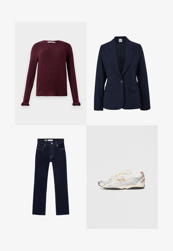 Granatowa marynarka z gładkiego materiału, z pojedynczym zapięciem na guzik, klapami w kształcie notcha oraz dwoma przednimi kieszeniami. Prosty, zorganizowany design.; Długi rękaw burgundowej sweter z dzianiny z falbankami przy mankietach i okrągłym dekoltem na jednolitym tle.; Granatowe dżinsy o prostej nogawce, z pomarańczowymi przeszyciami, pięcioma kieszeniami i metalowym zapięciem na guzik w talii.; Sportowe sneakersy w jasnoszarym kolorze z srebrnymi akcentami, siateczkowa cholewka, beżowe detale oraz czarna gumowa podeszwa. Posiada sznurówki i wyściełany kołnierz.