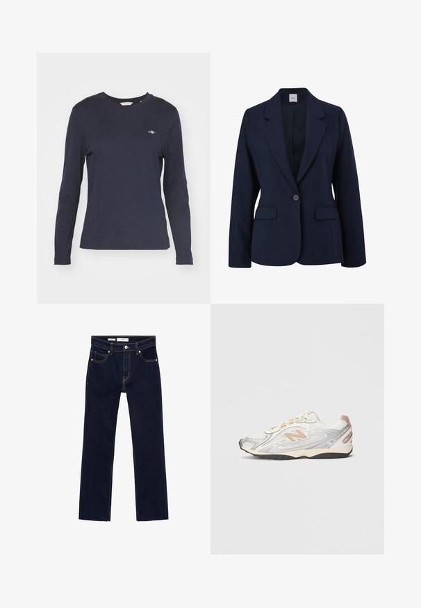 Námornícky modrý blejzer z hladkej tkaniny, s jedným gombíkom na zapínanie, klopovými goliermi a dvomi prednými vreckami. Jednoduchý, štruktúrovaný dizajn.; Námornícky modré tričko s dlhým rukávom vyrobené z bavlny, s okrúhlym výstrihom a malým logom na ľavej hrudi. Hladká textúra.; Tmavo modré denimové džínsy so strihom priamo na nohy, s oranžovým prešívaním, piatimi vreckami a kovovou gombíkovou uzávierkou v páse.; Športové tenisky svetlosivej farby so striebornými akcentmi, sieťovaným vrchom, béžovými detailmi a čiernou gumovou podrážkou. Obsahujú šnúrky a polstrovaný golier.