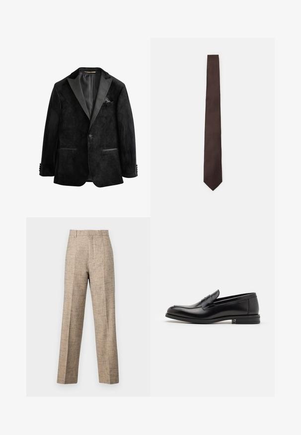 Zwarte fluwelen tuxedojack met satijnen revers, enkelknoopsluiting en twee voorzakken. Heeft een pochet en een soepele textuur.; Lichtroze blouse met lange mouwen, verticale witte strepen, knoopsluiting aan de voorkant, klassieke kraag en manchetten met een enkele knoopdetail.; Beige op maat gemaakte broeken van een gestructureerde stof, met een rechte snit, voor plooien en een tailleband. Geen zichtbare zakken of sluitingen.; Zwarte leren instappers met een gladde textuur, ronde neus en een decoratieve band over de wreef. Lage, gestapelde hak en minimalistisch ontwerp.; Bruine stropdas met een gestructureerd patroon, slank ontwerp en spitse punt. Gemaakt van stof, met een gladde afwerking en een subtiele glans.