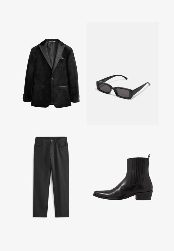 Chaqueta de esmoquin de terciopelo negro con solapas de satén, cierre de un solo botón y dos bolsillos frontales. Presenta un pañuelo de bolsillo y una textura suave.; Camisa negra de manga larga hecha de una tela suave, con frente abotonado, cuello y un discreto logo bordado en el pecho.; Next SKINNY FIT PLAIN - Pantalones - black; Bota de cuero negro hasta el tobillo con punta afilada, paneles laterales elásticos, acentos de costura vertical y un tacón bajo y cuadrado.; Gafas de sol rectangulares negras con lentes oscuros, acabado brillante, patillas anchas y un diseño de marco robusto. Nombre de la marca grabado en una de las patillas.