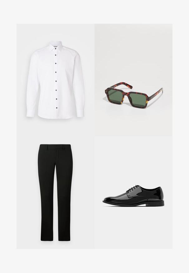 Giacca smoking in velluto nero con rever in satin, chiusura a un bottone e due tasche frontali. Include un fazzoletto da taschino e una texture liscia.; OLYMP Level Five Camicia elegante - weiss; Pantaloni neri con una vestibilità sartoriale, caratterizzati da una superficie liscia e un design a gamba dritta. La vita ha passanti per la cintura e una finitura pulita.; Scarpa da uomo in vernice nera con punta tonda, design con lacci e superficie liscia e lucida. Presenta una suola in gomma a profilo basso.; Occhiali da sole tartarugati con montatura quadrata, lenti verde scuro e accenti arancioni a contrasto lungo i bordi delle astine.; Papillon nero realizzato in tessuto liscio con una forma strutturata. Presenta un nodo centrale e una fascia elastica regolabile per una vestibilità ottimale.