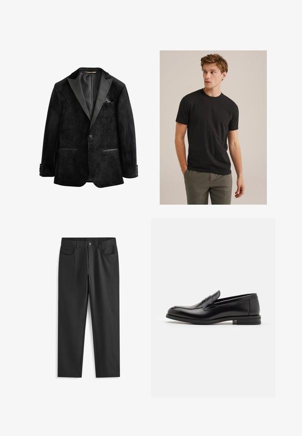 Czarna aksamitna marynarka smokingowa z satynowymi klapami, zapięciem na jeden guzik oraz dwoma przednimi kieszeniami. Posiada poszetkę i gładką teksturę.; Młody mężczyzna z kręconymi jasnobrązowymi włosami, ubrany w czarną koszulkę z krótkim rękawem i szare spodnie, patrzy w lewo z rękami w kieszeniach.; Next SKINNY FIT PLAIN - Spodnie materiałowe; Czarne skórzane mokasyny o gładkiej fakturze, zaokrąglonym nosku i dekoracyjnym pasku na przodzie. Niski, warstwowy obcas, minimalistyczny design.