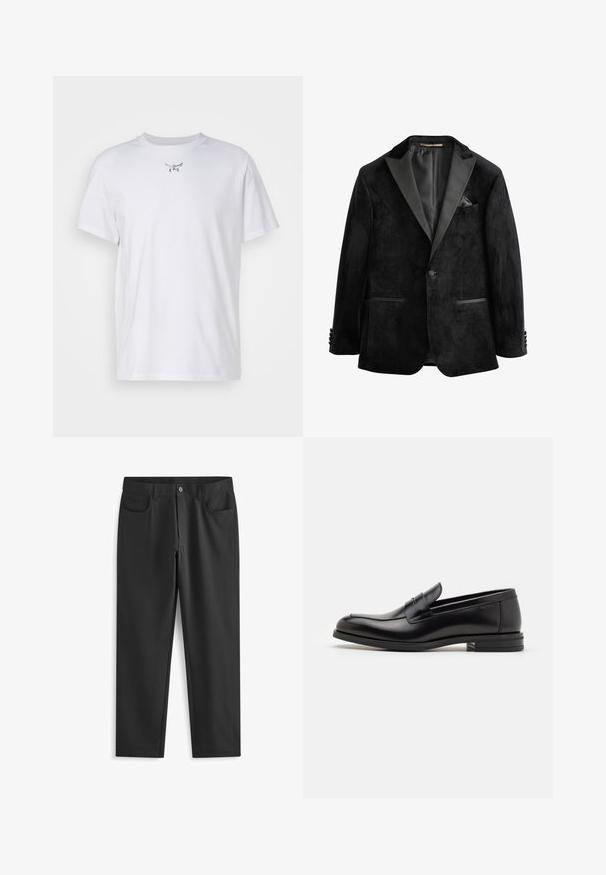 Černá sametová smokingová sako s saténovými klopami, jednobutonní zapínání a dvěma předními kapsami. Obsahuje kapesníčkovou vložku a hladkou texturu.; MCM ESSENTIAL - Jednoduché tričko - white; Next SKINNY FIT PLAIN - Kalhoty - black; Černé kožené polobotky s hladkou texturou, zaoblenou špičkou a zdobným páskem přes nárt. Nízký stohovaný podpatek, minimalistický design.