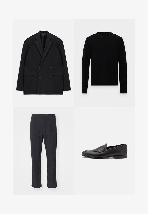 Black double-breasted blazer with notch lapels, four buttons, and two front welt pockets, laid flat on a white background.; Filippa K SWEATER - Jumper - black; Black pleated trousers with a textured fabric, featuring a straight leg design and standard waistband. No visible pockets or hardware.; Black leather men's loafer with a low heel and a classic penny strap design, shown in side profile on a white background.