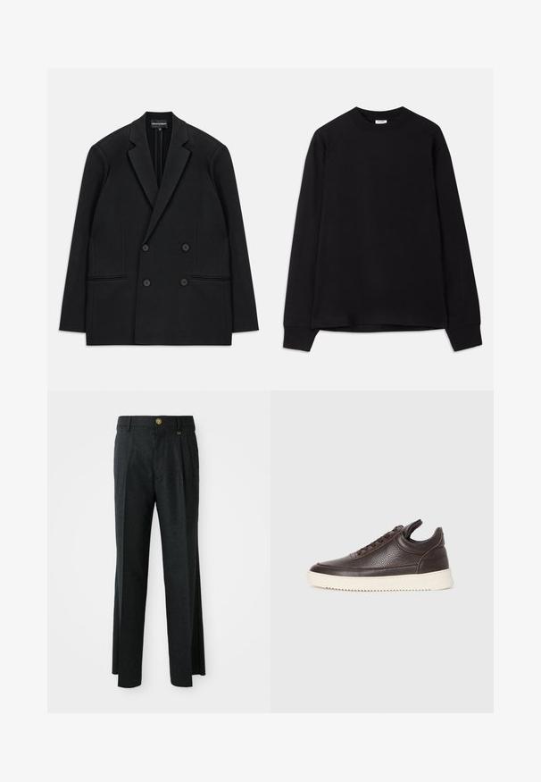 Black double-breasted blazer with notch lapels, four buttons, and two front welt pockets, laid flat on a white background.; Black long-sleeve t-shirt made of soft cotton. Features a round neckline, loose fit, and ribbed cuffs. No visible patterns or logos.; Dark gray trousers with a flat front and pleats, featuring a golden button and zipper closure, made from a textured wool blend fabric.; Dark brown textured leather sneaker with lace-up front and white ridged rubber sole on a plain light background.