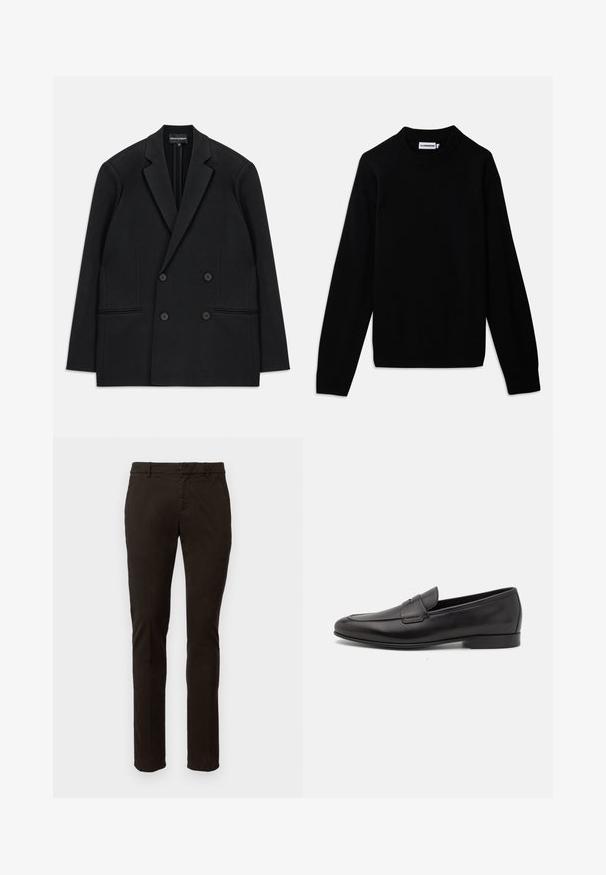 Blazer noir à double boutonnage avec revers à cran, quatre boutons et deux poches plaquées à l'avant, posé à plat sur un fond blanc.; Pull noir avec un col rond côtelé, des manches longues et un motif en tricot texturé. Aucun logo ou ornement visible.; Dondup GAUBERT - Chino - brown; Mocassin pour homme en cuir noir avec un petit talon et un design classique à lanière penny, présenté en profil sur fond blanc.