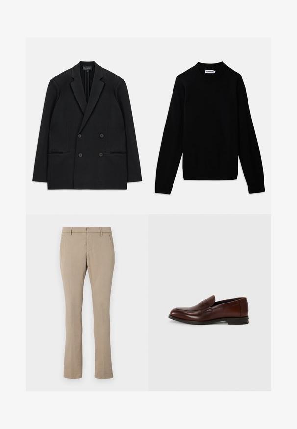 Blazer noir à double boutonnage avec revers à cran, quatre boutons et deux poches plaquées à l'avant, posé à plat sur un fond blanc.; Pull noir avec un col rond côtelé, des manches longues et un motif en tricot texturé. Aucun logo ou ornement visible.; Pantalons beige en mélange de coton, présentant une coupe slim, une jambe droite, des poches avant et une fermeture éclair avec bouton.; Mocassins en cuir marron avec un bout rond, détail de bande à l'avant et un petit talon empilé. Texture lisse avec des accents décoratifs minimaux.