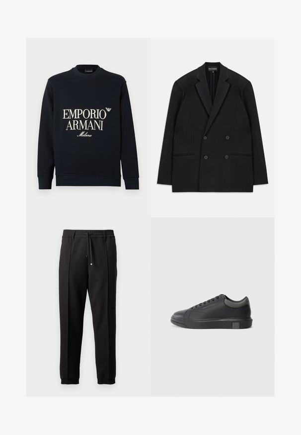 Čierny dvojradový blazer s klopovými reverzami, štyrmi gombíkmi a dvoma prednými vreckami, ležiaci na bielom pozadí.; Tmavomodrá mikina s dlhými rukávmi, okrúhlym výstrihom a hladkou textúrou látky. Na prednej strane je biely nápis "EMPORIO ARMANI" a logo "Milano".; Čierne nohavice s pásom, šnúrkou na stiahnutie a elastickými manžetami. Obsahujú pútkové prešitia a hladkú, textúrovanú látku.; Čierne kožené tenisky s hladkým povrchom, zaoblenou špičkou a tmavošedými akcentmi. Obsahujú šnurovací dizajn a štruktúrovanú gumovú podrážku.