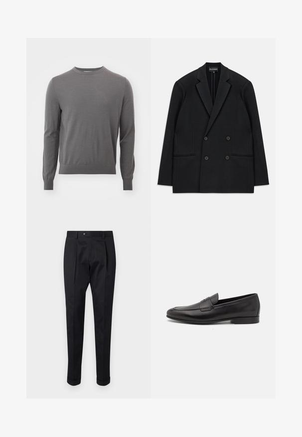 Crni dvoredni sako s reverima, četiri gumba i dvije prednje džepne čiste, položen ravno na bijeloj pozadini.; Tiger of Sweden CONNOR - Vesta - pavement; Crne hlače od glatkog materijala, s preklopom sprijeda, kopčanjem na gumb i smotanim manžetama na gležnju.; Crne kožne muške mokasine s niskom petom i klasičnim dizajnom trake za novčiće, prikazane u bočnom profilu na bijeloj pozadini.