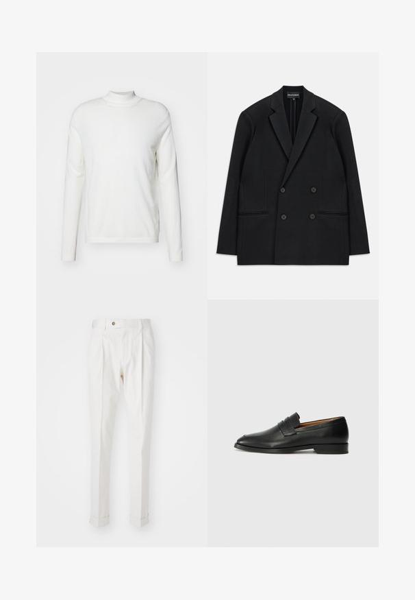 Svart dubbelknäppt Blazer med slagkrage, fyra knappar och två framfickor, utlagd platt på en vit bakgrund.; Vit långärmad polotröja i mjukt tyg. Har en figursydd design och minimal detaljering, med en enkel rak nederkant.; Vita, skräddarsydda byxor med rak front, två veck och uppvikta benslut. Tillverkade av ett slätt tyg med knäppning i midjan.; Svart läderloafersko med rund tå, subtila sömnadsdetaljer och låg klack, med en jämn yta och minimalistisk design.