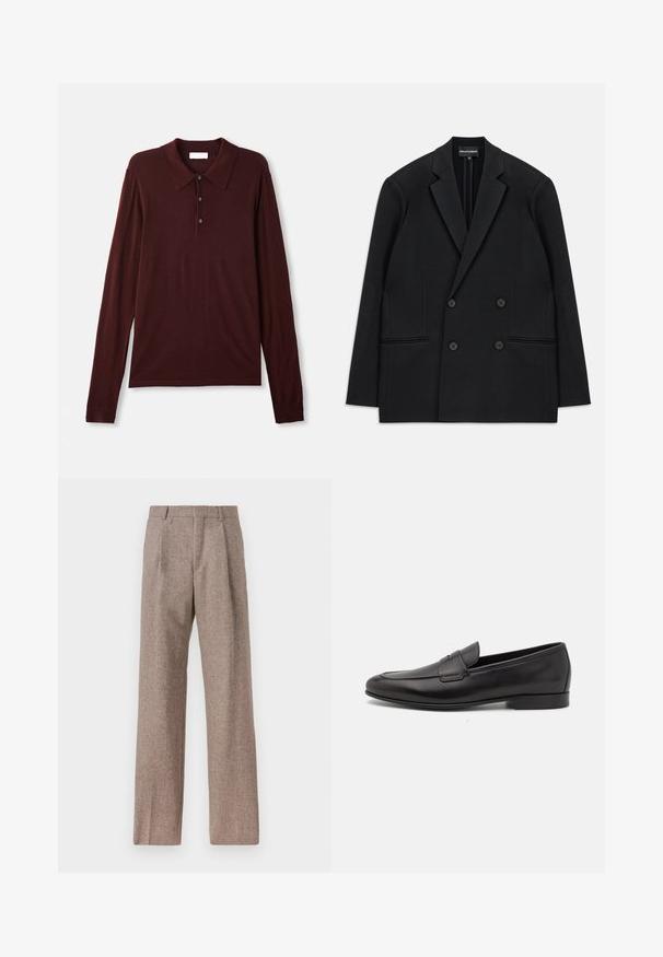 Černé dvouřadové sako s klopami, čtyřmi knoflíky a dvěma předními kapsami s lemem, položené na bílém pozadí.; Polo triko s dlouhým rukávem v tmavě burgundské barvě z jemné látky. Obsahuje klasický límec, zapínání na tři knoflíky a přiléhavé manžety.; Hnědé kalhoty s vysokým pasem vyrobené z texturované látky. Mají široké nohavice a dva přední sklady pro strukturu. Úhledné provedení bez viditelné kovových částí.; Černé kožené pánské mokasíny s nízkým podpatkem a klasickým designem se sponou, zobrazené v bočním profilu na bílém pozadí.