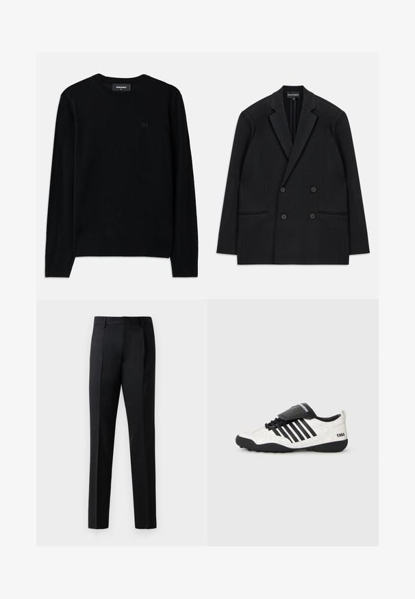 Mustrist kellega kahe nööbiga bleiser, millel on (š)lõhikogupist. Empooris on neli nööpi ja kaks eesmine ideide tasku, asetatud valge tausta peale.; Musta ümmarguse kaelusega sviiter, mis on valmistatud pehmest kangast. Omab pikki varrukaid ja diskreetset D2 logo detaili ees. Lihtne, klassikaline disain.; Mustad mustad formal püksid sileda kanga, sirge jala disainiga, ees volditud ning tavalise vöökoha ilma kaunistusteta.; Tennised valge pragulise tekstuuri, mustade aktsentidega, viie horisontaalse triibuga ja musta polsterdatud keelega, millel on silt "1984". Must kummitald.