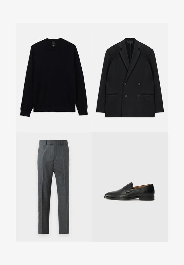 Svart dubbelknäppt Blazer med slagkrage, fyra knappar och två framfickor, utlagd platt på en vit bakgrund.; Svart långärmad tröja med rund halsringning, med ribbade manschetter och fåll. Armani Exchange-logotyp synlig på insidan av halsringningen.; Grå skräddarsydda byxor med ett fint rutmönster, rak bendesign och en mjuk tygtextur. Har bälteshällor och dragkedja.; Svart läderloafersko med rund tå, subtila sömnadsdetaljer och låg klack, med en jämn yta och minimalistisk design.