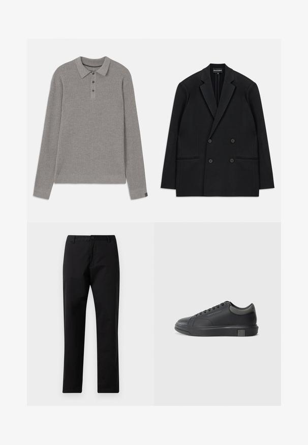 Blazer noir à double boutonnage avec revers à cran, quatre boutons et deux poches plaquées à l'avant, posé à plat sur un fond blanc.; Pull en gris à côtes avec manches longues, un col et une patte de boutonnage. Présente une finition texturée et des accents contrastants au niveau des poignets.; Pantalons noirs à jambe droite avec fermeture à bouton et zip, passants de ceinture et poches avant, présentés sur un fond blanc.; Sneaker en cuir noir avec une finition lisse, bout rond et accents gris foncé. Présente un design à lacets et une semelle en caoutchouc texturée.