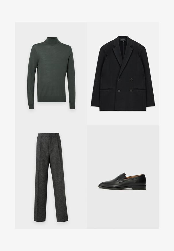 Juodas dvigubas švarkas su išpjautomis apykaklėmis, keturiais mygtukais ir dviem priekinių kišenių iškarpomis, padėtas ant balto fono.; Tamsiai žalia golfas, pagamintas iš minkštos, lengvos medžiagos. Turi ilgomis rankovėmis ir prigludusią konstrukciją su pasirinktinėmis raukinio detalėmis ant rankovių ir apykaklės.; Pilki pritaikyti kelnių modeliai, pagaminti iš tekstūruotos medžiagos, su dviem priekiniais klostėmis ir tiesiogine kojų forma. Nėra matomų kišenių ar puošybų.; Juodas odinis loaferis su apvaliu nosiu, subtiliomis siuvimo detalėmis ir žemu kulnu, pasižymintis lygia tekstūra ir minimalistiniu dizainu.