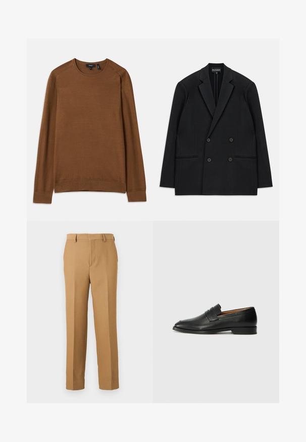 Black double-breasted blazer with notch lapels, four buttons, and two front welt pockets, laid flat on a white background.; Brown knit sweater with a crew neck, long raglan sleeves, and textured pattern. Features ribbed cuffs and hem for a fitted look.; Beige dress pants made of woven fabric, featuring a straight cut, flat front, and belt loops. Smooth texture with no visible patterns.; Black leather loafer with a rounded toe, subtle stitched detailing, and a low heel, featuring a smooth texture and minimalist design.