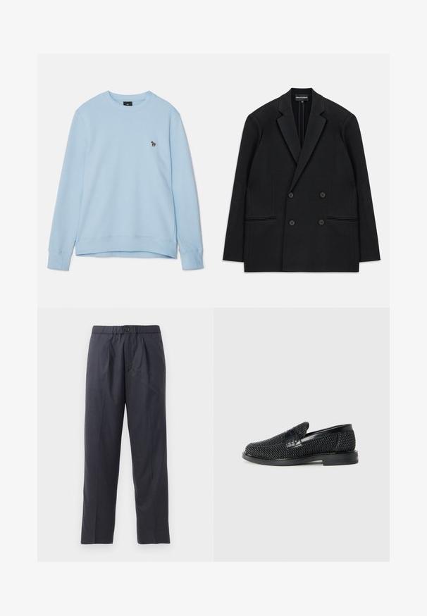 Crni dvoredni sako s reverima, četiri gumba i dvije prednje džepne čiste, položen ravno na bijeloj pozadini.; Svijetloplava dukserica s okruglim izrezom i rebrastim manžetama. Sadrži mali izvezeni dizajn na prsima. Mekana tekstura tkanine.; Tamno plave hlače od mekanog materijala s plićim prednjim dijelom i elastičnim pojasom. Imaju zatvaranje na gumb i ravno krojenje.; Crne pletene cipele bez pertli s glatkim kožnim naglaskom na gornjem dijelu, s dizajnom okruglog nosa i niskoprofilnom gumenom đonom.