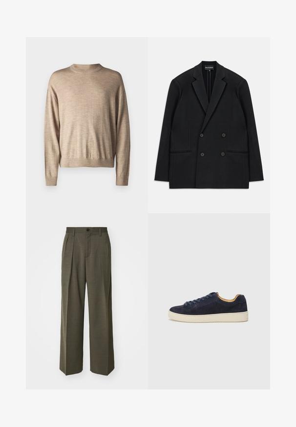 Blazer preto de corte duplo com lapelas de pico, quatro botões e dois bolsos frontais, colocado em plano sobre um fundo branco.; Suéter bege de mangas longas feito de um tecido suave; apresenta um decote redondo e punhos canelados, com um corte descontraído e textura lisa.; Filippa K WIDE TROUSERS - Calças - driftwood; Sapatilha de camurça azul-marinho de cano baixo com biqueira arredondada, sola de borracha off-white e atacadores a condizer; apresenta um forro interior contrastante em tom de tan.