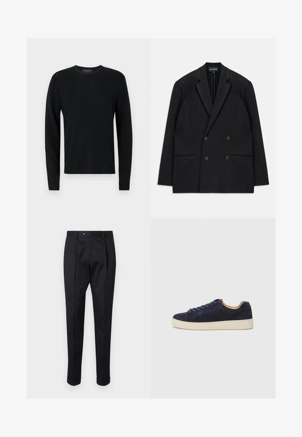 Schwarzer, doppelt geknöpfter Blazer mit geflammten Revers, vier Knöpfen und zwei vorderen Paspeltaschen, flach auf einem weißen Hintergrund ausgelegt.; Schwarzer Baumwollpullover mit langen Ärmeln, gerippter Textur, Rundhalsausschnitt und eng anliegenden Ärmeln. Schlichte Gestaltung ohne Muster oder Akzente.; Schwarze Hosen aus einem glatten Stoff, mit einem Faltenwurf vorne, einem Knopfverschluss und umgeschlagenen Säumen am Knöchel.; Marineblaues Wildleder-Low-Top-Sneaker mit runder Zehenpartie, off-white Gummisohle und passenden Schnürsenkeln; hat ein kontrastierendes, tannfarbiges Innenfutter.