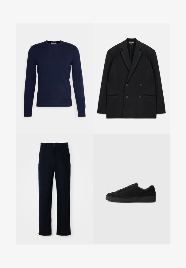 Musta kaksirivinen bleiseri, jossa on sakarat, neljä nappia ja kaksi etutaskua, aseteltuna tasaiseksi valkoiselle taustalle.; Tummansininen pyöreäkauluksinen neulepusero, joka on valmistettu pehmeästä kankaasta ja jossa on pitkät hihat sekä resorihelma. Ei näkyviä kuvioita tai koristeluita.; Tummansinisiä puuvillapantaloonia, joissa on suora lahjemuotoilu, etupainikekiinnitys ja klassinen vyötärö vyölenkeillä.; Musta mokkanahkainen lenkkari, jossa on litteä, teksturoitu pohja, pyöreä kärki, kuusi rei'itystä nauhoille ja minimalistinen muotoilu.