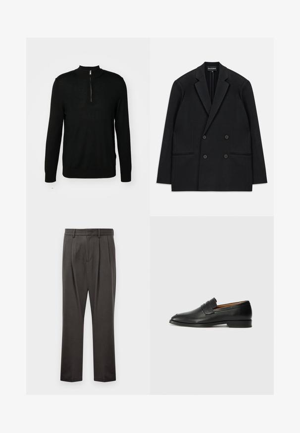 Black double-breasted blazer with notch lapels, four buttons, and two front welt pockets, laid flat on a white background.; Black knitted sweater with a high collar and half-zip closure. Long sleeves and a fitted design, featuring a smooth texture and minimal detailing.; Dark gray trousers made from textured fabric, featuring a flat front, pleats, straight legs, and belt loops. No visible hardware or patterns.; Black leather loafer with a rounded toe, subtle stitched detailing, and a low heel, featuring a smooth texture and minimalist design.