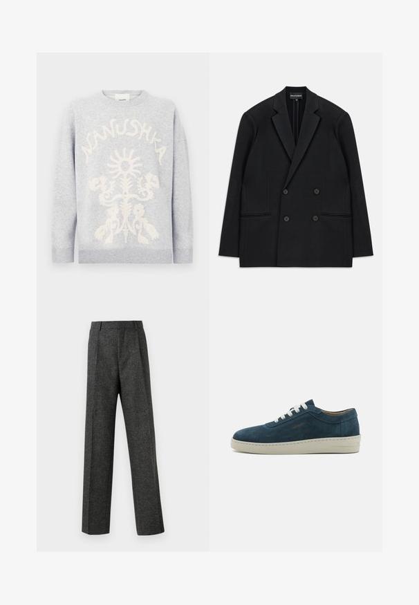 Fekete, kétsoros blézer, ovális hajtókákkal, négy gombbal és két elülső zsebel, fehér háttéren fekve.; Világosszürke pulóver fehér, texturált virágmintával és a "Nanushka" felirattal, amely ívesen helyezkedik el a minta felett az elején.; Szürke, texturált anyagból készült, szabott nadrág, két elülső pliszével és egyenes lábbal. Nincsenek látható zsebek vagy díszítések.; Kék velúr sneaker lekerekített orral, fehér fűzővel és gumitalppal. Diszkrét varrásokkal és oldalsó márkázott akcentussal rendelkezik.