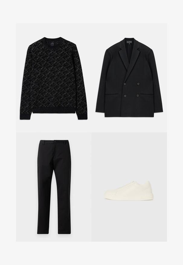 Črni dvoredni suknjič z odrezanimi klapnicami, štirimi gumbi in dvema sprednjima žepoma, razporejen na beli podlagi.; Črna majica s teksturiranim vzorcem v temno zeleni barvi. Ima krojen ovratnik, dolge rokave ter rebraste manšete in rob.; Črne trdne hlače z ravnimi nogami, z gumbom in zadrgo, z luknjami za pas in sprednjimi žepi, prikazane na belem ozadju.; Nizki bež usnjeni superge s puščenim nosom, minimalnim šivanjem in stranskim zadrgo na bež ozadju.