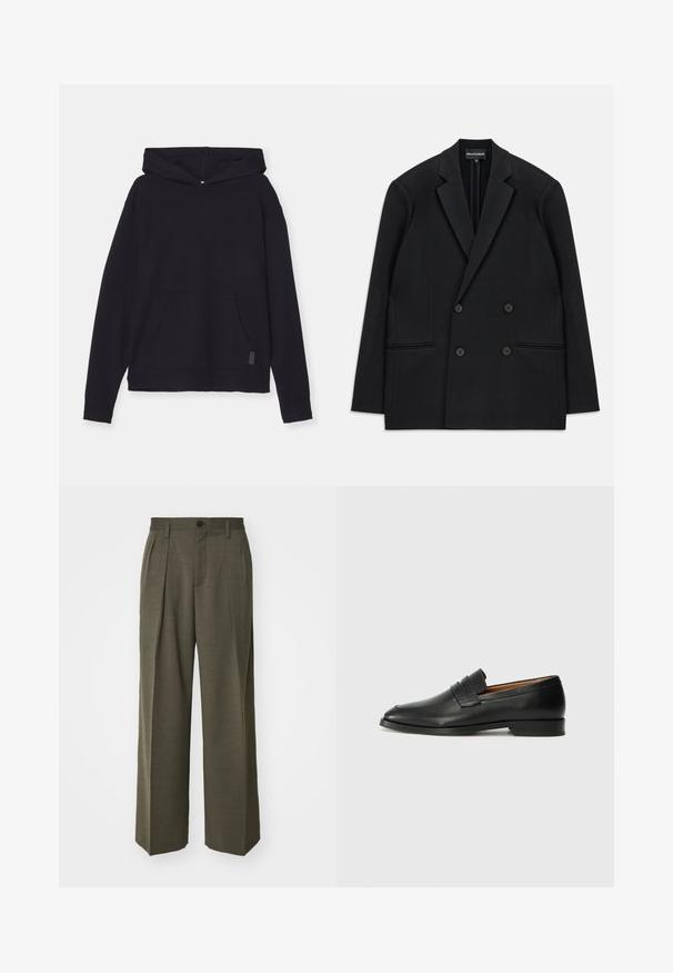 Černé dvouřadové sako s klopami, čtyřmi knoflíky a dvěma předními kapsami s lemem, položené na bílém pozadí.; Černá mikina s kapucí vyrobená z měkké tkaniny. Obsahuje přední kapsu, kleslé ramena a žebrované manžety. Jednoduchý, ležérní design.; Filippa K WIDE TROUSERS - Kalhoty - driftwood; Černé kožené mokasíny s kulatou špičkou, jemným prošíváním a nízkým podpatkem, s hladkým povrchem a minimalistickým designem.