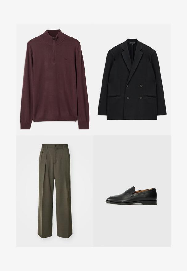 Black double-breasted blazer with notch lapels, four buttons, and two front welt pockets, laid flat on a white background.; Long-sleeve brown knit sweater with a half-zip collar and ribbed cuffs and hem, displayed on a white background.; Filippa K WIDE TROUSERS - Trousers - driftwood; Black leather loafer with a rounded toe, subtle stitched detailing, and a low heel, featuring a smooth texture and minimalist design.