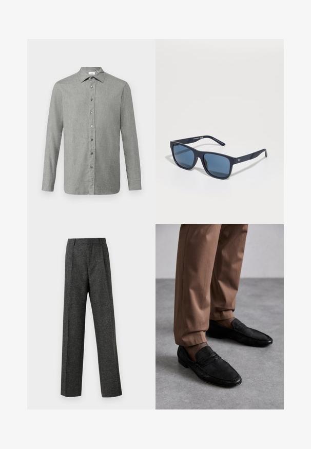 Sacou negru cu două rânduri de nasturi, cu reveri înclinate, patru nasturi și două buzunare externe, așezat pe un fundal alb.; Cămașă butonată de culoare gri deschis, realizată dintr-un material texturat, având un guler clasic, mâneci lungi și butoane gri pe partea din față.; Pantaloni gri ajustați din țesătură texturată, prezentând două pliere frontale și un design drept. Fără buzunare vizibile sau ornamente.; Mocasini negri cu un model texturat, având un vârf rotunjit și un profil joia. Asortați cu pantalonii bej pe o suprafață gri.; Ochelari de soare dreptunghiulari, de culoare albastră, cu lentile întunecate, ramă mată de nuanță navy, detaliu cu logo pe suportul pentru ureche, brațe drepte și o textură solidă, netedă.