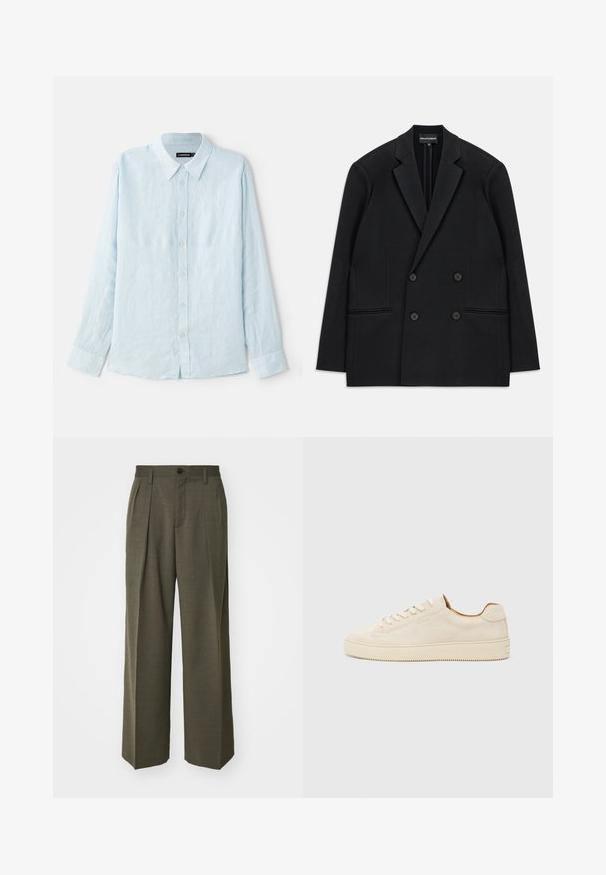 Blazer preto de corte duplo com lapelas de pico, quatro botões e dois bolsos frontais, colocado em plano sobre um fundo branco.; Camisa de manga longa azul clara em linho, com fechamento frontal de botões, colarinho pontudo e punhos clássicos. Textura suave, design minimalista.; Filippa K WIDE TROUSERS - Calças - driftwood; Sapatilhas de camurça bege com um design de cano baixo, bico redondo, atacadores planos e uma sola de borracha texturizada. Estilo minimalista sem logótipos visíveis.
