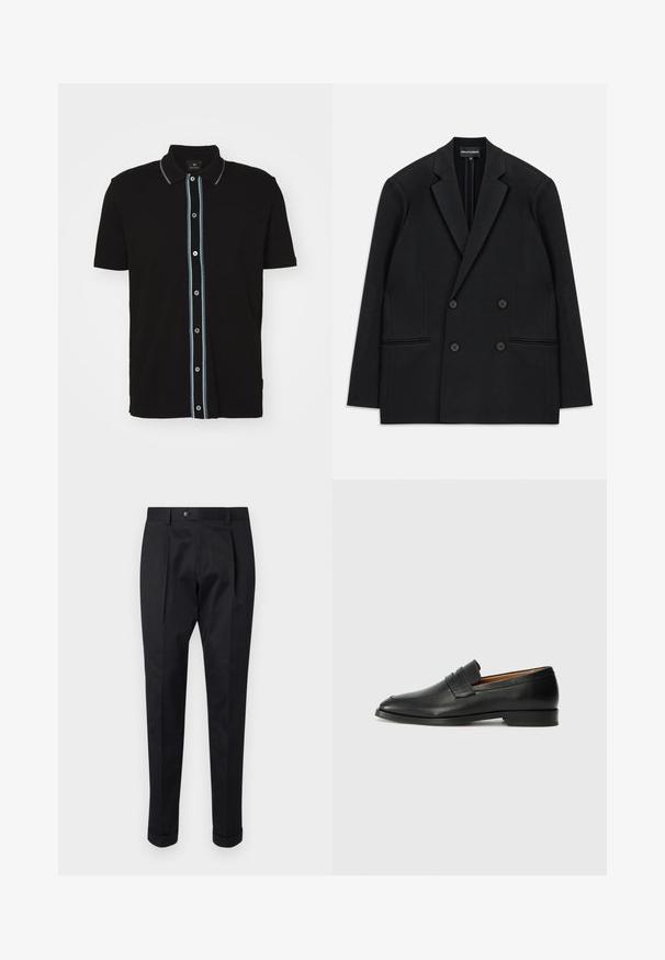 Juodas dvigubas švarkas su išpjautomis apykaklėmis, keturiais mygtukais ir dviem priekinių kišenių iškarpomis, padėtas ant balto fono.; Juodas trumpas rankovės polo marškinėliai su apykakle, su vertikaliu šviesiai mėlynu ruoželiu ir kontrastingais mygtukais priekyje.; Juodos kelnės pagamintos iš lygaus audinio, su raukšle priekyje, mygtuko uždarymu ir suknežintomis rankovėmis ties kulkšnimi.; Juodas odinis loaferis su apvaliu nosiu, subtiliomis siuvimo detalėmis ir žemu kulnu, pasižymintis lygia tekstūra ir minimalistiniu dizainu.
