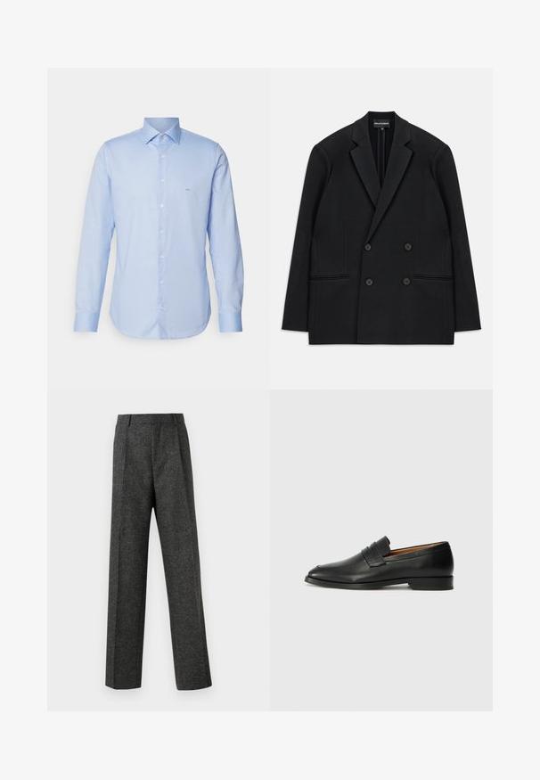 Zwarte dubbelzijdige blazer met reverskraag, vier knopen en twee voorzakken, vlak op een witte achtergrond gelegd.; Lichtblauwe blouse met lange mouwen van geweven stof. Voorzien van een puntige kraag, knoopsluiting aan de voorkant en een minimaal logo op de borst.; Grijze op maat gemaakte broek van gestructureerde stof, met twee voorplooien en een rechte pijp. Geen zichtbare zakken of versieringen.; Zwarte leren instapper met een ronde neus, subtiele stikdetails en een lage hak, met een gladde textuur en een minimalistisch ontwerp.