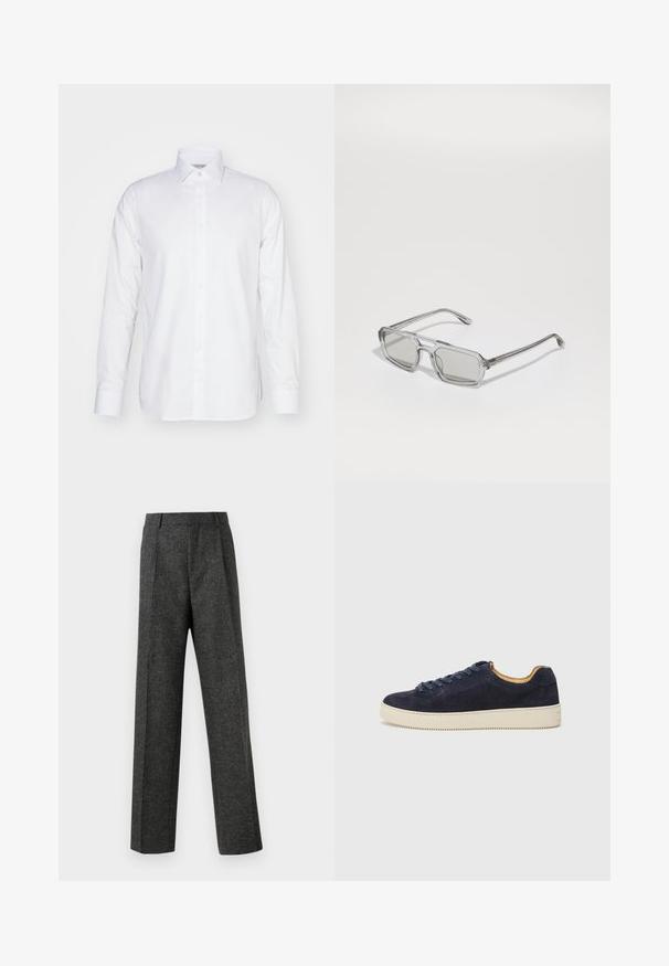 Melna divrindas žakete ar izgrieztiem elkoņiem, četriem pogām un divām priekšējām kabatām, izklāta uz baltas fona.; Garās piedurknes balta krekls, izgatavots no kokvilnas, ar apkakli, pogu aizdari un pielāgotu piegriezumu ar sānu šķēlumiem malā.; Pelēki piegriezti bikses, izgatavotas no tekstūras auduma, ar diviem priekšējiem krokām un taisnu kāju dizainu. Nav redzamu kabatu vai rotājumu.; Jūras spēku zamša zemas tenisa kurpes ar noapaļotu purngalu, off-white gumijas zoli un saskaņojošām šņorēm; iekļauj kontrastējošu brūnganu iekšējo izšuvumu.; Emporio Armani Saulesbrilles - shiny transparent grey