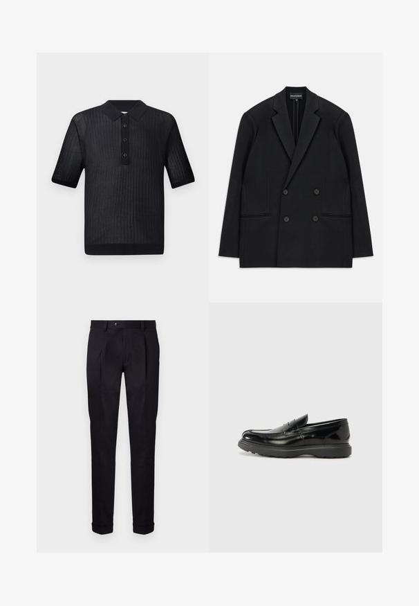 Blazer nero doppiopetto con rever a punta, quattro bottoni e due tasche a filetto frontali, steso su uno sfondo bianco.; Polo nero con maniche corte, texture a coste e colletto nero uniforme. Presenta tre bottoni davanti e un orlo aderente.; Pantaloni neri su misura realizzati in tessuto liscio, con fronte piatto, due pieghe frontali e orli con risvolto per un aspetto pulito e strutturato.; Mocassino in pelle nera con finitura lucida, punta arrotondata, dettagli di cucitura sottili e suola in gomma spessa per una maggiore durata.