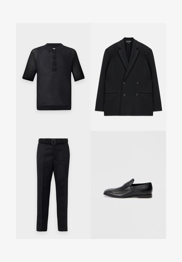 Černé dvouřadové sako s klopami, čtyřmi knoflíky a dvěma předními kapsami s lemem, položené na bílém pozadí.; Černé polo tričko s krátkým rukávem, žebrovanou strukturou a pevným černým límcem. Má tři knoflíky vpředu a přiléhavý lem.; Černé oblekové kalhoty mají hladkou tkaninu, rovný střih a pas s opaskem a obdélníkovou sponou. Výrazné přední záhyby zvýrazňují design.; Černá kožená slip-on obuv s špičatou špičkou, hladkou texturou a jemným logem na boku. Nízký podpatek s čistým, minimalistickým designem.