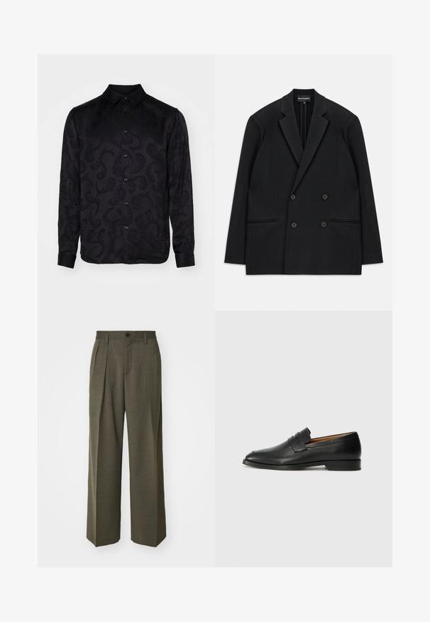Blazer preto de corte duplo com lapelas de pico, quatro botões e dois bolsos frontais, colocado em plano sobre um fundo branco.; Camisa preta de manga longa com um discreto padrão de paisley texturizado, apresentando um colarinho pontudo e fecho frontal de botões. Tecido suave.; Filippa K WIDE TROUSERS - Calças - driftwood; Sapatilha de couro preta com biqueira arredondada, detalhes cosidos discretos e um salto baixo, apresentando uma textura suave e um design minimalista.