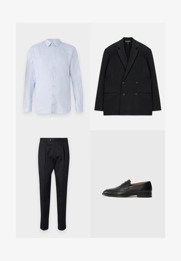 Blazer negro de doble botonadura con solapas de muesca, cuatro botones y dos bolsillos de ojal delanteros, dispuesto en plano sobre un fondo blanco.; Camisa de manga larga azul claro en tejido suave con cuello de punta, cierre delantero de botones y dobladillo redondeado. Diseño liso, sin estampados.; Pantalones negros de tejido suave, con un pliegue en la parte delantera, cierre de botón y puños enrollados en el tobillo.; Mocasín de cuero negro con punta redonda, detalles de costura sutil y un tacón bajo, que presenta una textura suave y un diseño minimalista.